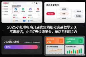2025小红书电商开店卖货精细化实战教学2.0,不讲废话,小白7天快速学会,单店月利润2W