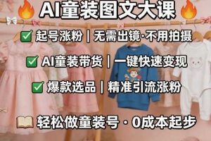 AI童装图文剪辑，某社群童装图文大课，起号涨粉、AI童装带货、爆款选品，无需出镜和拍摄