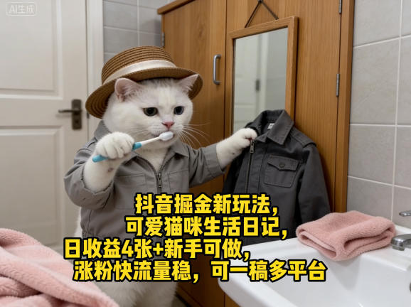 抖音掘金新玩法，可爱猫咪生活日记，日收益4张+新手可做，涨粉快流量稳，可一稿多平台