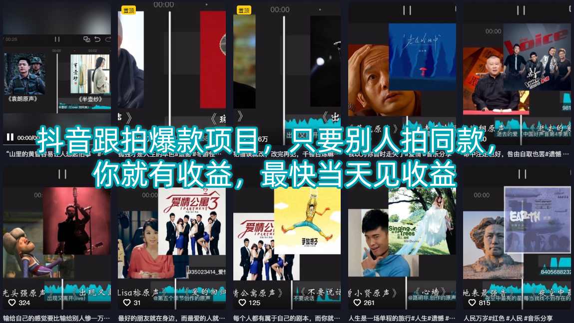 抖音跟拍爆款项目，只要别人拍同款，你就有收益，最快当天见收益