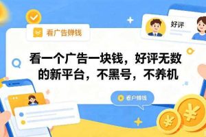 看一个广告一块钱，好评无数的新平台，不黑号，不养机，一撸几十块钱还是不错的【揭秘】