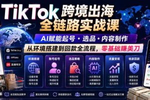 TikTok跨境出海全链路实战课,AI赋能起号・选品・内容制作,从环境搭建到回款全流程,零基础賺美刀