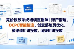 竞价投放系统培训直播课|账户搭建、OCPC智能控流、创意落地页优化、多渠道矩阵投放、团队管理与副业变现全阶实战