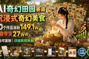 AI奇幻田园赛道，沉浸式奇幻美食，20个作品涨粉149.1W，橱窗带货27W件，小白可复制，详细教程拆解