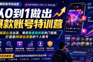 从0到1做出爆款账号特训营,从底层心法出发,教你像素级拆解热门视频,打造能持续出流量的个人账号