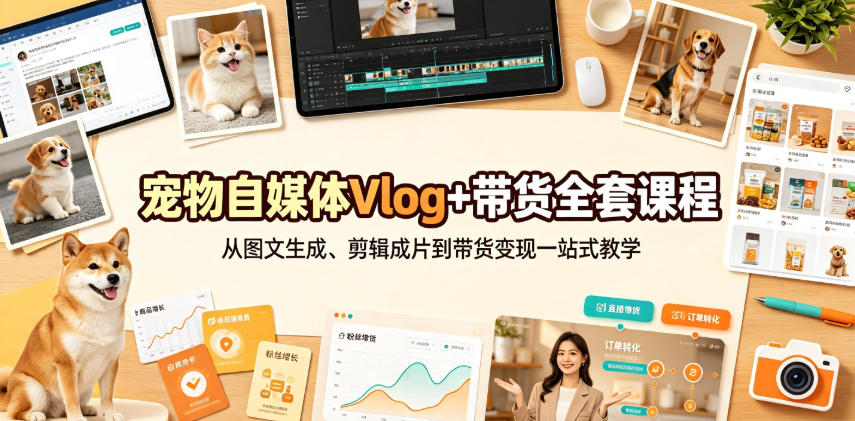 宠物自媒体Vlog+带货全套课程｜从图文生成、剪辑成片到带货变现一站式教学