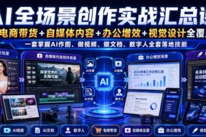 AI全场景创作实战汇总课｜电商带货+自媒体内容+办公增效+视觉设计全覆盖，一套掌握AI作图、做视频、做文档、数字人全套落地技能