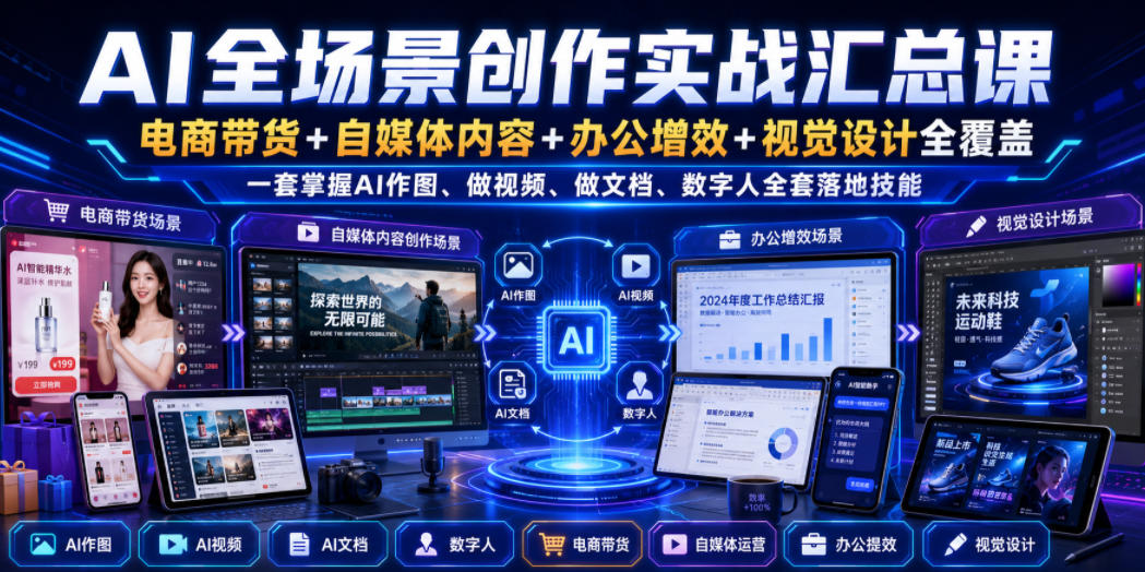 AI全场景创作实战汇总课｜电商带货+自媒体内容+办公增效+视觉设计全覆盖，一套掌握AI作图、做视频、做文档、数字人全套落地技能