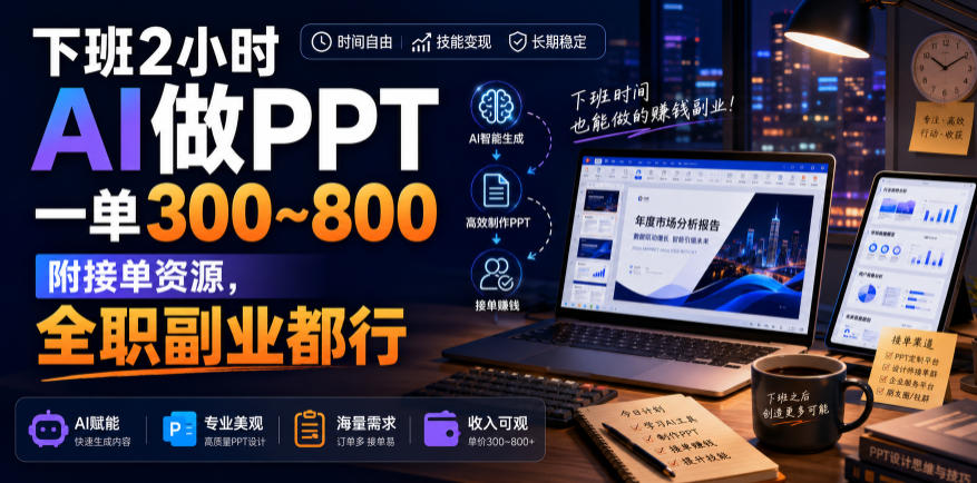 下班2小时AI做PPT，一单300~800，附接单资源，全职副业都行【揭秘】