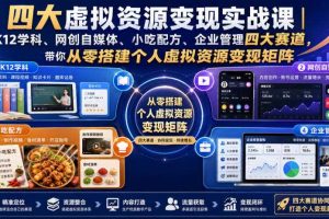四大虚拟资源变现实战课｜K12学科、网创自媒体、小吃配方、企业管理四大赛道，带你从零搭建个人虚拟资源变现矩阵