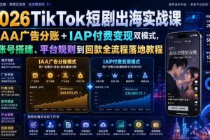 2026TikTok短剧出海实战课|IAA广告分账+IAP付费变现双模式,从账号搭建、平台规则到回款全流程落地教程