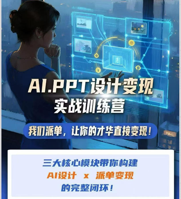 AI+PPT设计变现实战训练营，我们派单，让你的才华直接变现，三大核心模块带你构建Al设计x派单变现的完整闭环