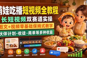 萌娃吃播短视频全教程｜长短视频双赛道实操，图文+视频零基础保姆式教学，伙伴计划-收徒-商单等多种变现方式