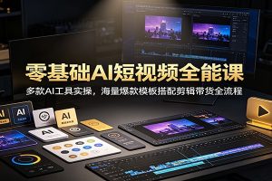 零基础AI短视频全能课:多款AI工具实操,海量爆款模板搭配剪辑带货全流程