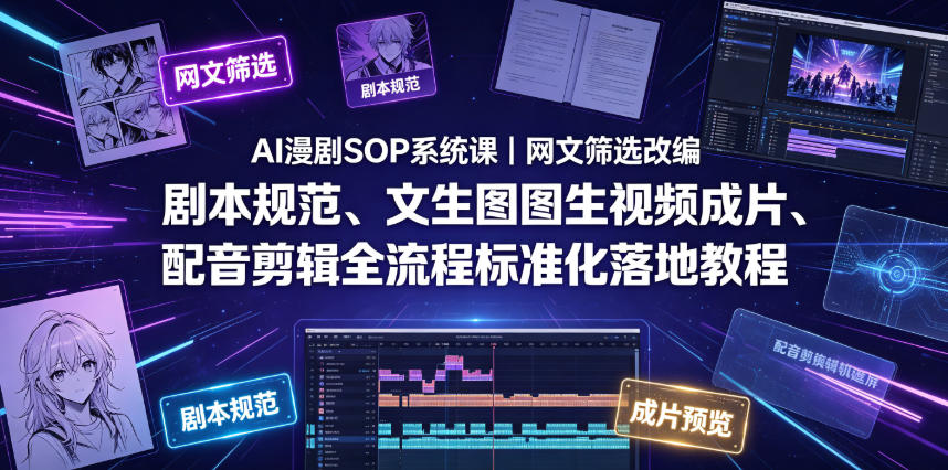 AI漫剧SOP系统课|网文筛选改编、剧本规范、文生图图生视频成片、配音剪辑全流程标准化落地教程(更新0810)