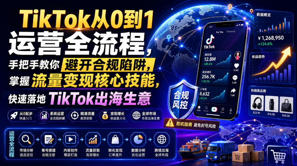 TikTok从0到1运营全流程，手把手教你避开合规陷阱，掌握流量变现核心技能，快速落地TikTok出海生意（更新8月）
