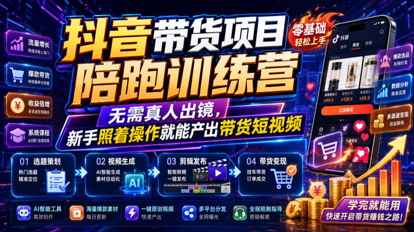 抖音带货项目陪跑训练营,无需真人出镜,新手照着操作就能产出带货短视频(更新0811)