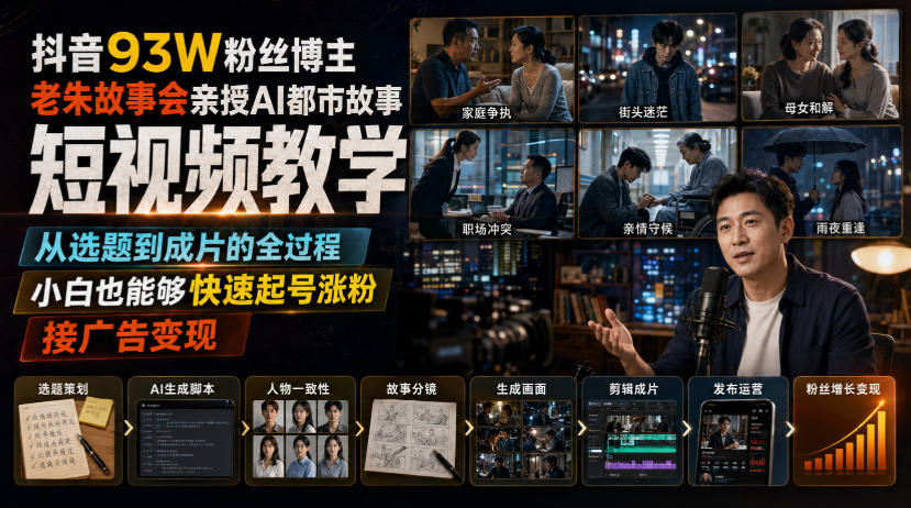 抖音93W粉丝博主老朱故事会亲授AI都市故事短视频教学，从选题到成片的全过程，小白也能够快速起号涨粉接广告变现