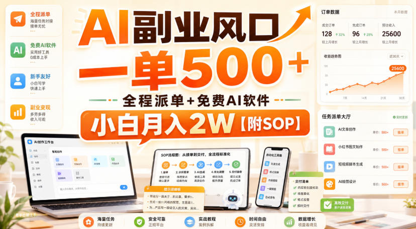 AI副业风口，一单500+，全程派单+免费AI软件，小白月入2W【附SOP】【揭秘】