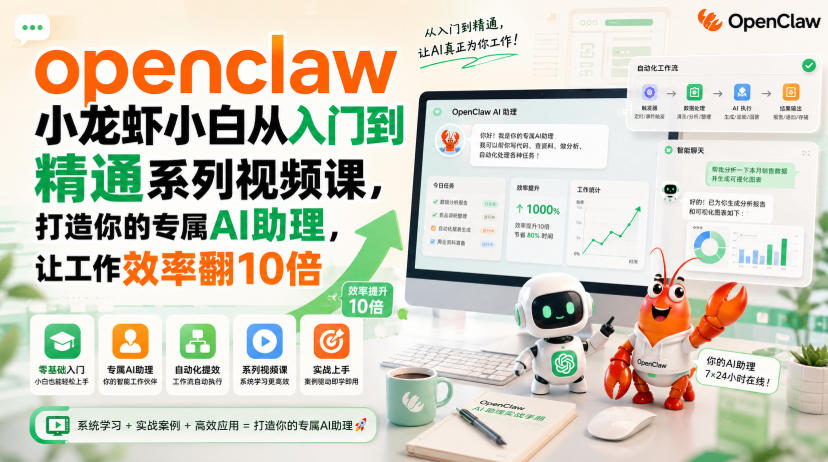 openclaw小龙虾小白从入门到精通系列视频课，打造你的专属AI助理，让工作效率翻10倍