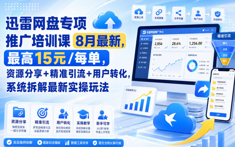 迅雷网盘专项推广培训课8月最新,最高15米/每单,资源分享+精准引流+用户转化,系统拆解最新实操玩法(更新0819)