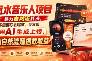 汽水音乐人项目，暴力自然流打法，不需要你会唱歌、会写歌，用AI生成上传，靠自然流賺播放收益
