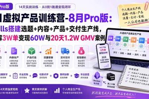 （20045期）AI虚拟产品训练营-8月Pro版-更新：Skills搭建选题+内容+产品+交付生产线，拆解3W单变现60W与20天1.2W GMV案例