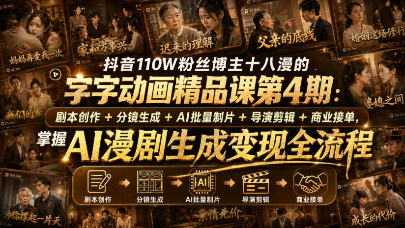 抖音110W粉丝博主十八漫的字字动画精品课第4期:剧本创作+分镜生成+剪辑+商业接单,掌握AI漫剧生成变现全流程