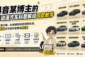 抖音某博主的AI动漫汽车科普解说同款教学,从文案分镜、AI绘画到动态视频生成,0基础解锁抖音精选独家收益
