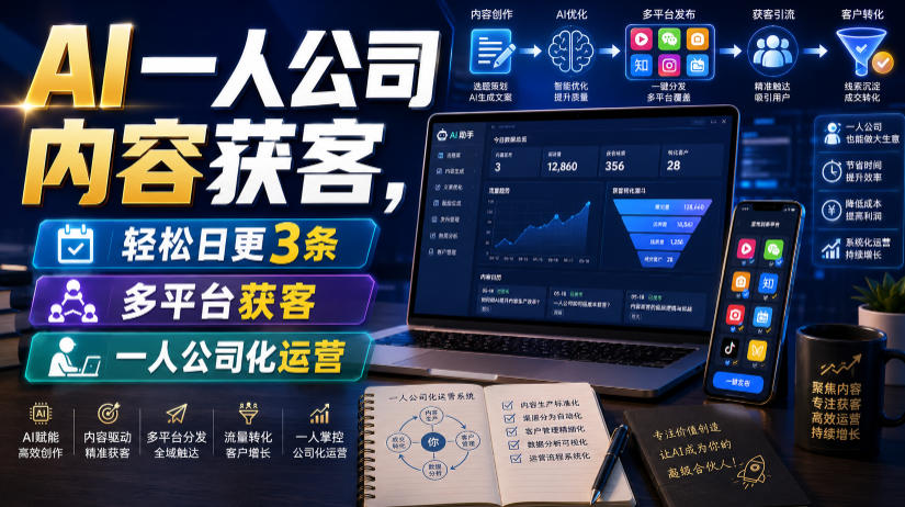 AI一人公司内容获客,轻松日更3条,多平台获客,一人公司化运营(更新0827)