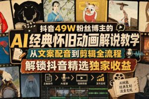 抖音49W粉丝博主的AI经典怀旧动画解说教学,从文案配音到剪辑全流程,解锁抖音精选独家收益