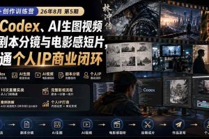 (20145期)AI+创作训练营26年8月第5期:从Codex、AI生图视频到剧本分镜与电影感短片,跑通个人IP商业闭环