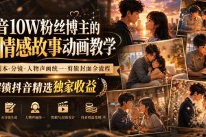 抖音10W粉丝博主的AI情感故事动画教学，灵感剧本‑分镜‑人物声画统一‑剪辑封面全流程，解锁抖音精选独家收益