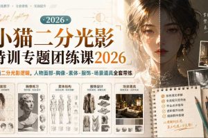 小猫二分光影特训专题团练课2026|吃透二分光影逻辑,人物面部‑胸像‑素体‑服饰‑场景道具全套带练,高清画质附赠课件与笔刷