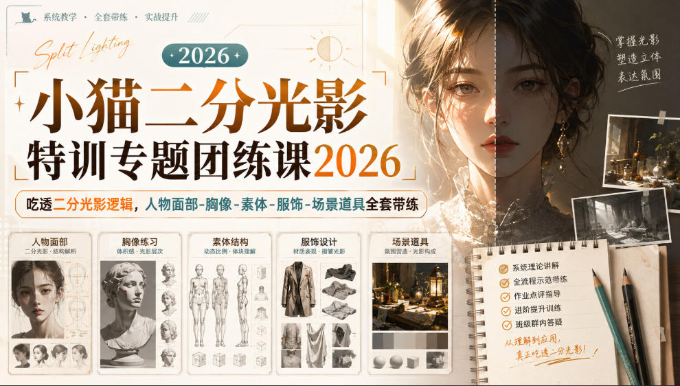小猫二分光影特训专题团练课2026|吃透二分光影逻辑,人物面部‑胸像‑素体‑服饰‑场景道具全套带练,高清画质附赠课件与笔刷