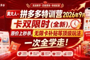 黄大人-拼多多特训营2026年9月，卡双限时(全新)，原价上秒杀，无限卡补贴等顶级玩法，一次全学走!