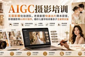 AIGC摄影培训|无需影棚化妆团队,老景新搭快速出片降本获客,影楼摄影师AI样片制作,婚纱儿童孕妈肖像亲子全案例实操