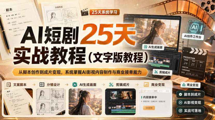 AI短剧25天实战教程（文字版教程），从脚本创作到成片变现，系统掌握AI影视内容制作与商业接单能力
