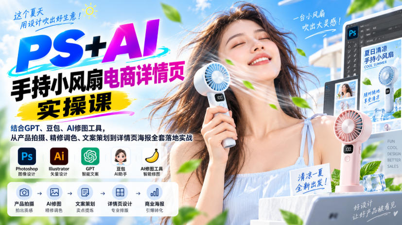 PS+AI手持小风扇电商详情页实操课｜结合GPT、豆包、AI修图工具，从产品拍摄、精修调色、文案策划到详情页海报全套落地实战