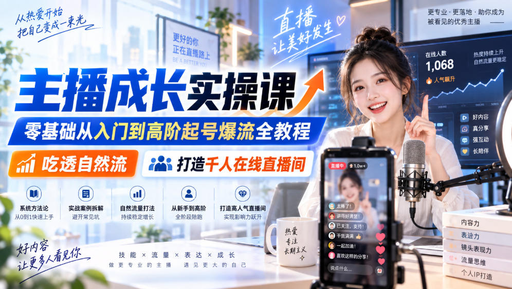 主播成长实操课|零基础从入门到高阶起号爆流全教程,吃透自然流,打造千人在线直播间
