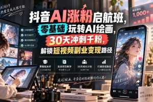 抖音AI涨粉启航班，零基础玩转AI绘画，30天冲刺千粉，解锁短视频副业变现路径