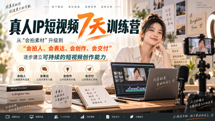 真人IP短视频7天训练营,从“会拍素材”升级到“会拍人、会表达、会创作、会交付”,逐步建立可持续的短视频创作能力