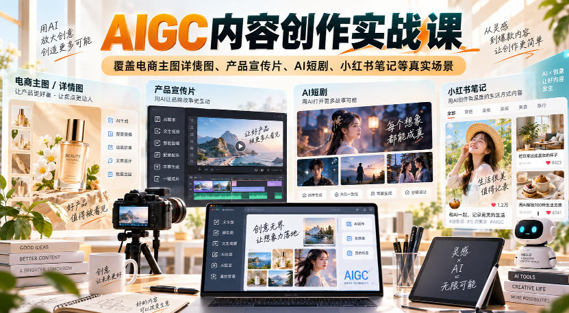 AIGC内容创作实战课，覆盖电商主图详情图、产品宣传片、AI短剧、小红书笔记等真实场景