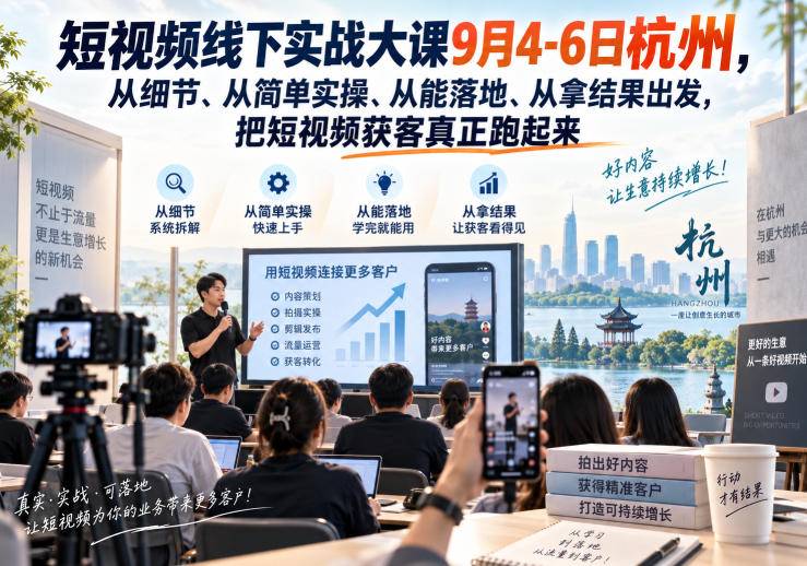 短视频线下实战大课9月4-6日杭州,从细节、从简单实操、从能落地、从拿结果出发,把短视频获客真正跑起来