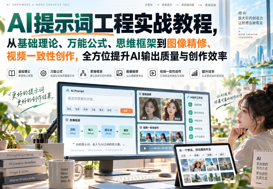 AI提示词工程实战教程,从基础理论、万能公式、思维框架到图像精修、视频一致性创作,全方位提升AI输出质量与创作效率