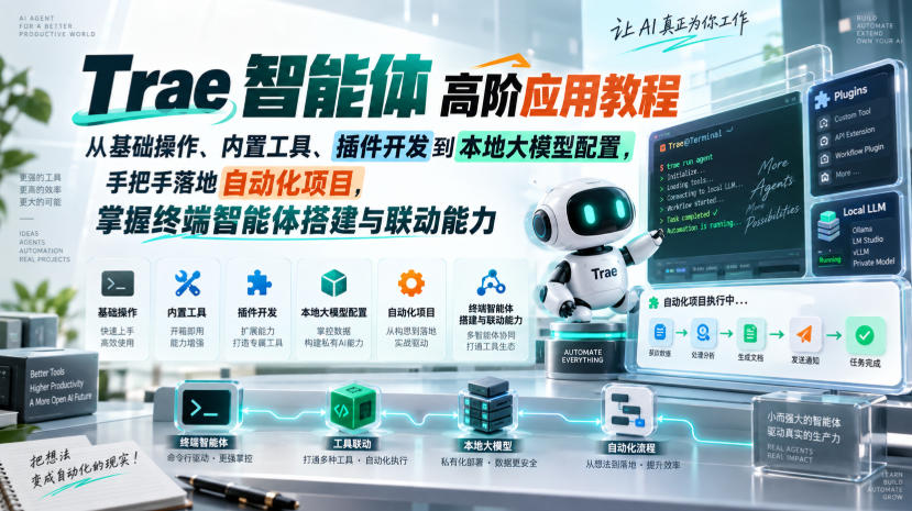 Trae智能体高阶应用教程，从基础操作、内置工具、插件开发到本地大模型配置，手把手落地自动化项目