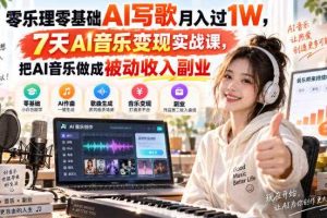 零乐理零基础AI写歌月入过1W，7天AI音乐变现实战课，把AI音乐做成被动收入副业