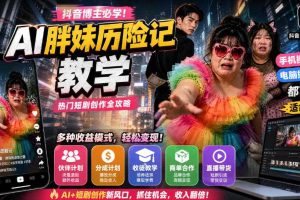 抖音博主的AI胖妹历险记教学，伙伴计划+分成计划+收徒+商单等多种收益，适合新手，手机电脑都可以操作