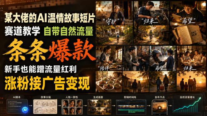 某大佬的AI温情故事短片赛道教学,自带自然流量,条条爆款,新手也能蹭流量红利,涨粉接广告变现(更新)