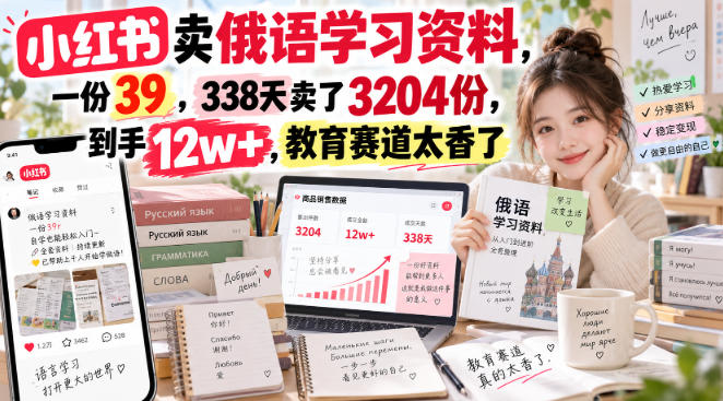 小红书卖俄语学习资料，一份39，338天卖了3204份，到手12w+，教育赛道太香了